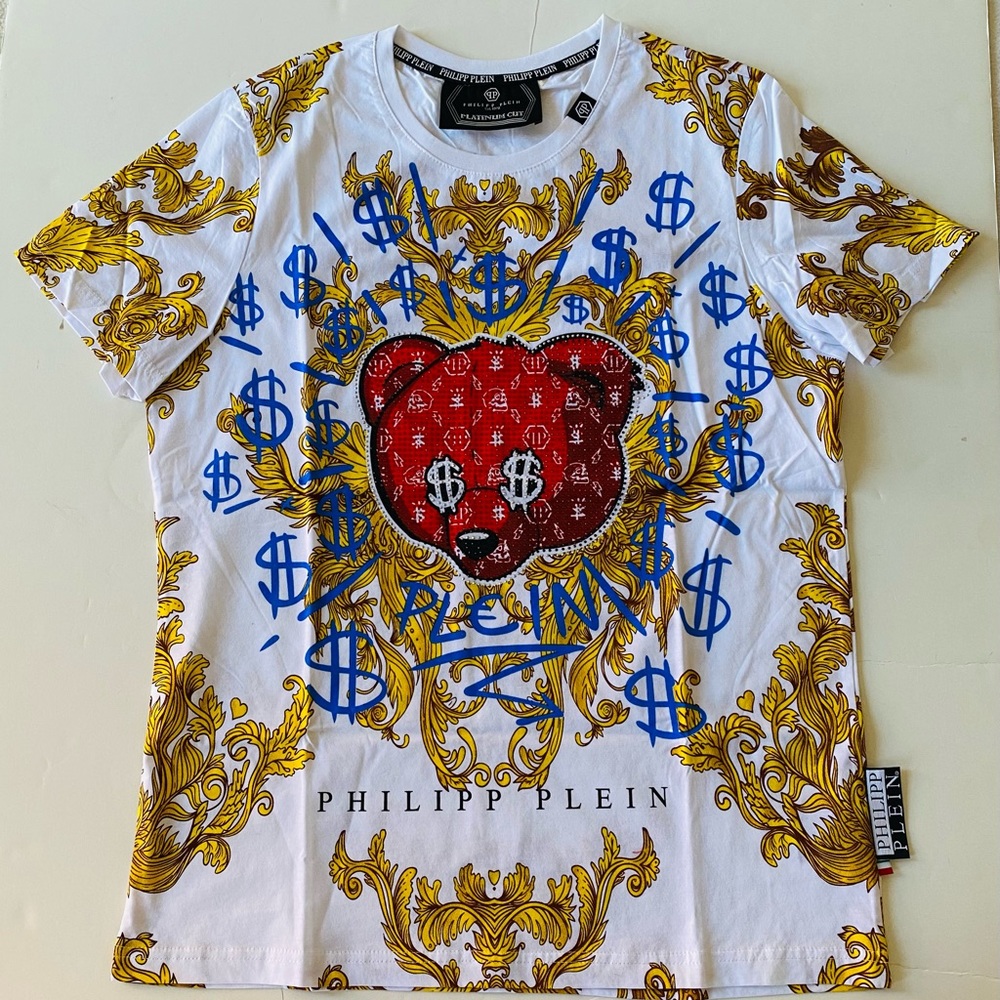Auth Philipp Plein Women T Shirt Rhinestones Bear with $$$ Sz M SOLD